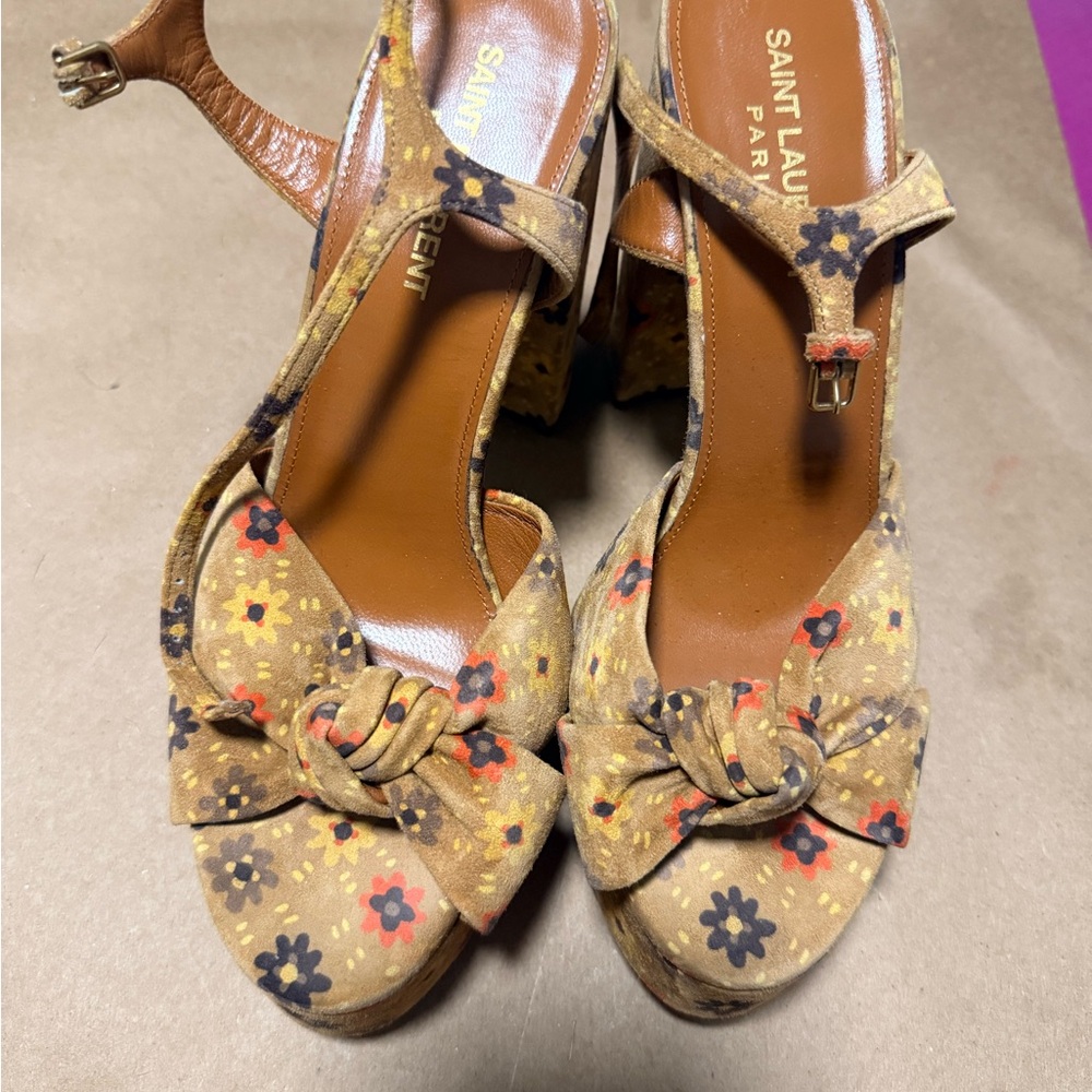 Saint Laurent Tan Floral Heels
